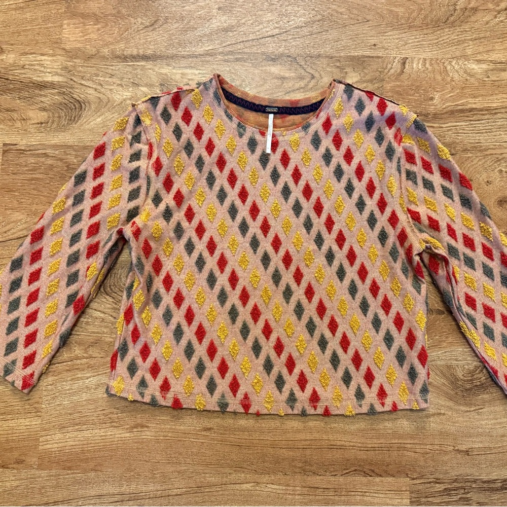 Free People Multicolor Diamond Pattern Long-Sleeve Top